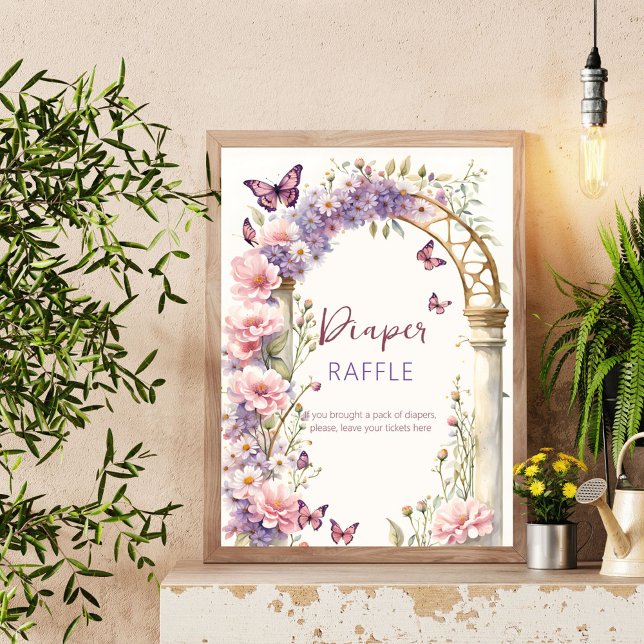 Póster Ducha de bebé de mariposas encantadas, rifa de pañ (Enchanted garden butterflies baby shower diaper raffle table sign poster template digital download)