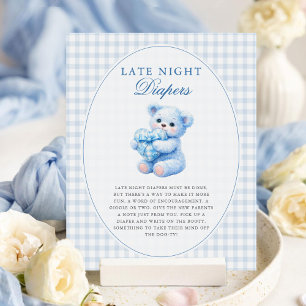Póster Ducha de bebé de osito de gingham azul de corazón