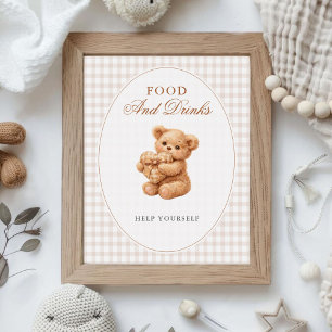 Póster Ducha de bebé de osito de gingham marrón corazón p