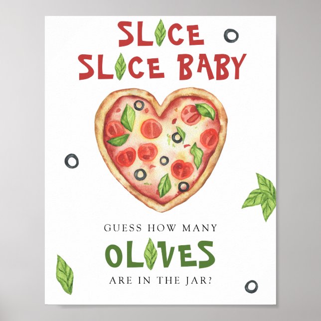 Póster Ducha de bebé de pizza - adivina cuántas aceitunas (Frente)