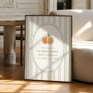Póster Ducha de bebé de raya verde de calabaza de acuarel