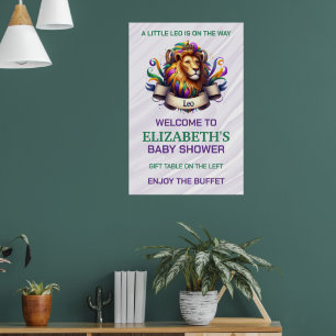 Póster Ducha de bebé del zodiaco Leo con lavanda y verde