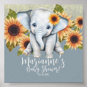 Póster Ducha de bebé elefante girasoles brillo azul polvo