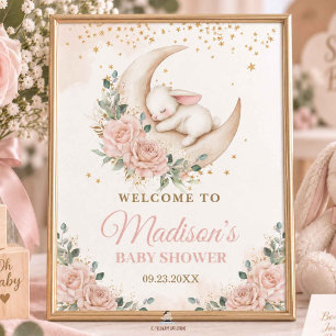 Póster Ducha de Bebé Floral Conejo Luna Rosa Rubor