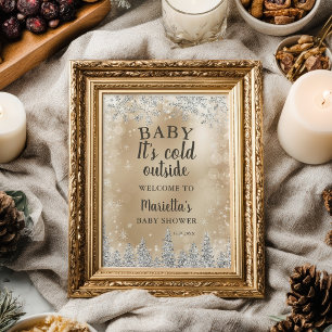 Póster ducha de bebé invierno plata pino dorado bienvenid