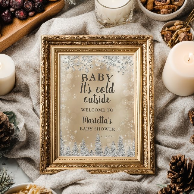 Póster ducha de bebé invierno plata pino dorado bienvenid (Winter silver snow pine gold welcome baby shower poster)