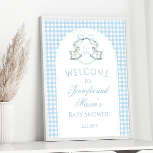 Póster Ducha de bebé niño Preppy Blue Rocking Horse Gingh