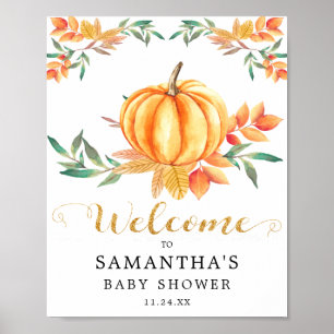 Póster Ducha de Bebé Otoño Dorado Calabaza Aquarela Naran
