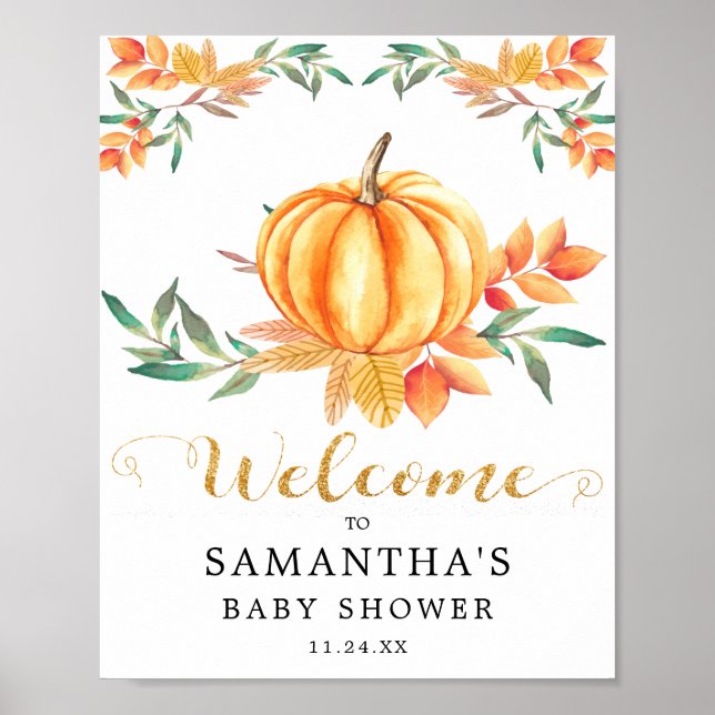 Póster Ducha de Bebé Otoño Dorado Calabaza Aquarela Naran (Frente)