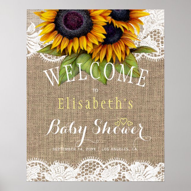 Póster Ducha de bebé otoño girasoles arpillera y encaje (Frente)