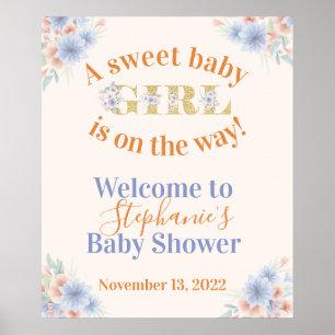 Póster Ducha de bebé para niñas en azul polvoriento y mel