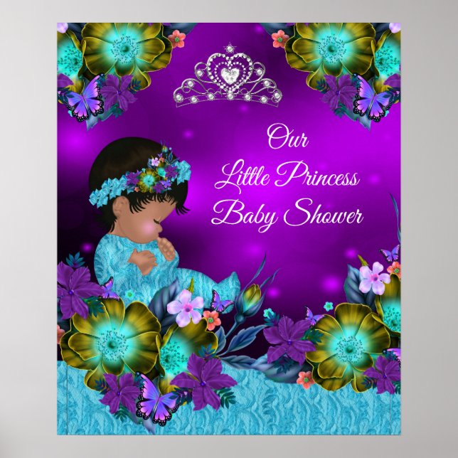 Póster Ducha de Bebé Princesa Azul Teal Morado Niña 2 (Frente)