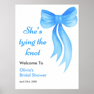 Póster Ducha de novia con lazo azul Ella está atando el n