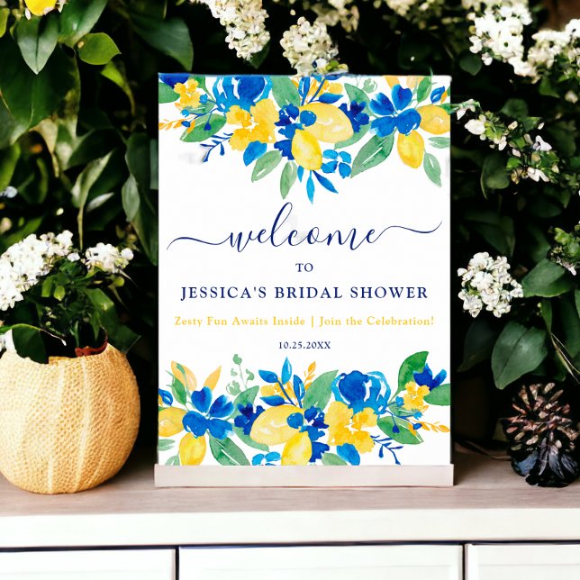 Póster Ducha de novia con limones amarillos azules (Blue yellow lemons floral welcome bridal shower poster)