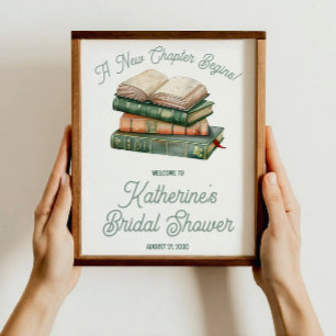 Póster Ducha de Novia con Tema de Libros en Verde Salvia 
