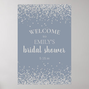 Póster Ducha de Novia Confeti Azul Polvoriento Plateado