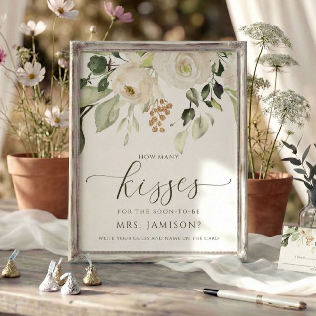 Póster Ducha de novia cuántos besos juegan verde blanco (How many kisses bridal shower game sign - custom printed (frame not included) watercolor floral.)