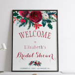 Póster Ducha de novia de color burdeos y floral en invier<br><div class="desc">Elegante ramo de invierno de moda rojo borgoña y peonías blancas con ramas de abeto de temporada verde pino,  bayas rojas y ducha de novia follaje bienvenida poster de señas sobre fondo blanco. Ideal para una moda elegante de invierno rústico / Navidades elegante fiesta de ducha de novia floral.</div>