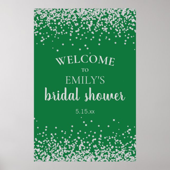 Póster Ducha de novia de Confetti de plata verde esmerald (Frente)