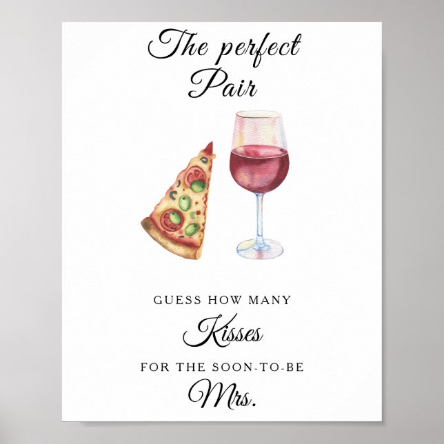 Póster Ducha de novia de vino y pizza ¿Cuántos besos? (Frente)