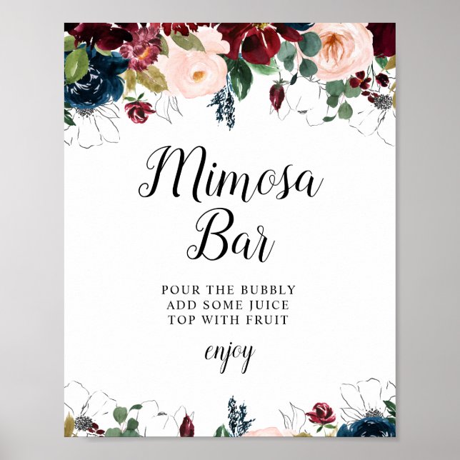 Póster ducha de novia floral burdeos mimosa bar signo (Frente)