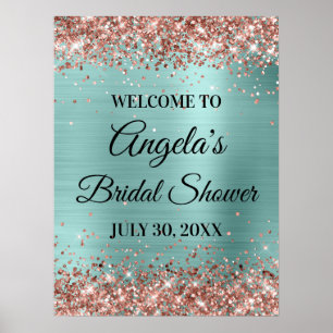 Póster Ducha de Novia Glitter Rosa Oro Turquesa Pálido