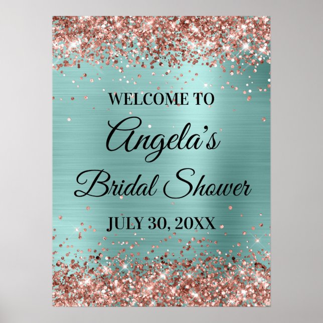 Póster Ducha de Novia Glitter Rosa Oro Turquesa Pálido (Frente)