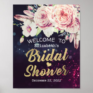 Póster Ducha De Novias Bienvenidos Boho Floral Feathers P