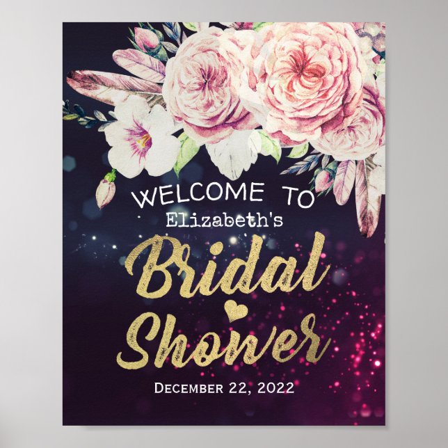 Póster Ducha De Novias Bienvenidos Boho Floral Feathers P (Frente)