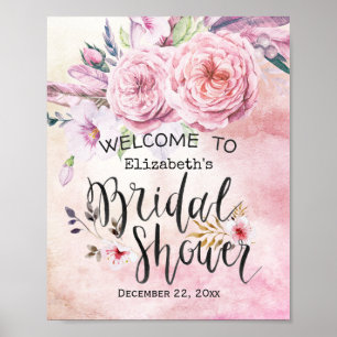 Póster Ducha de novias Bienvenidos Floral acuática y plum