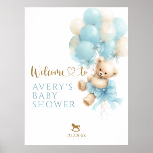 Póster Ducha de oso de peluche globo azul lazo bebé niño
