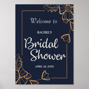 Póster Ducha marital floral de la marina y dorada