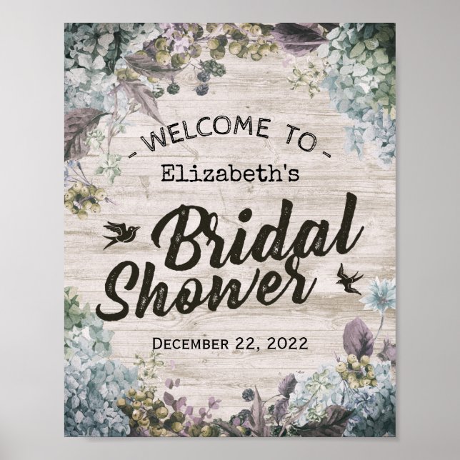 Póster Ducha Nupcial Bienvenida Madera Rústica Botánica F (Frente)