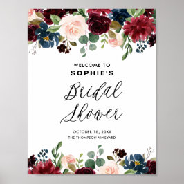 Póster Ducha nupcial de Garland floral azul y borgoñona