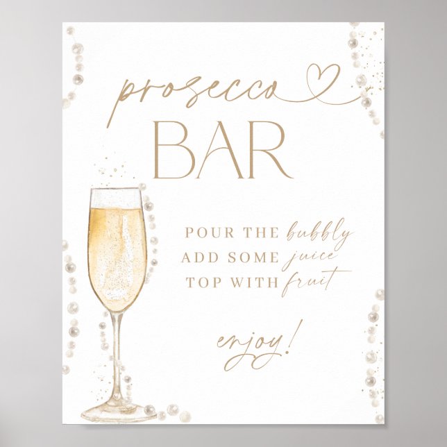 Póster Ducha nupcial Rótulo Prosecco Bar, Perlas y Prosec (Frente)