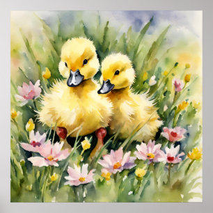 Póster Ducklings de acuarela en Wildflower Meadow