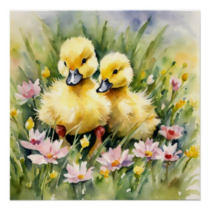 Póster Ducklings de acuarela en Wildflower Meadow