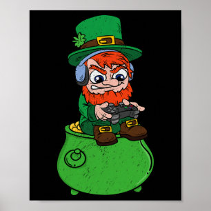 Póster Duende jugando videojuego Día de San Patricio Juga