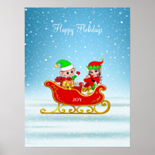 Póster Duendes de Navidad en Trineo con Regalos