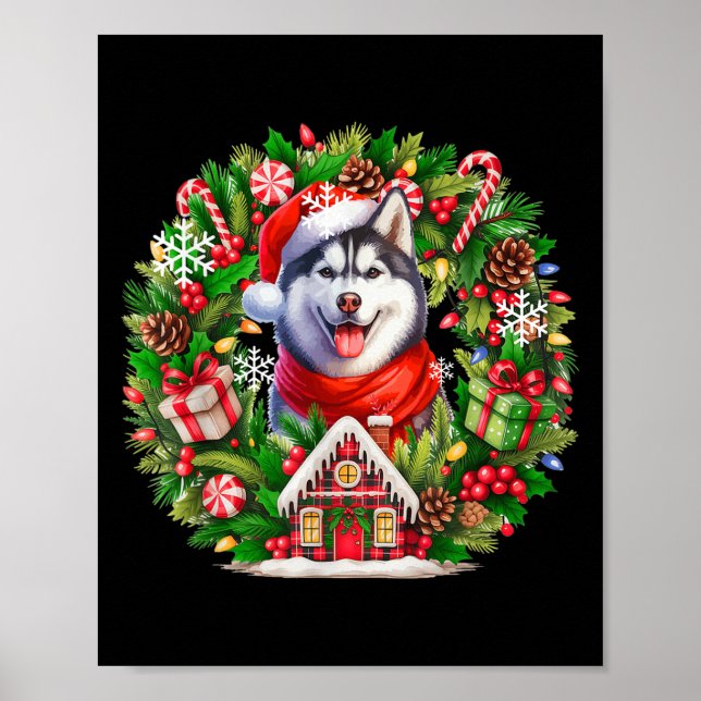 Póster Dueño de Círculo Floral de Navidad Husky de Santa (Frente)