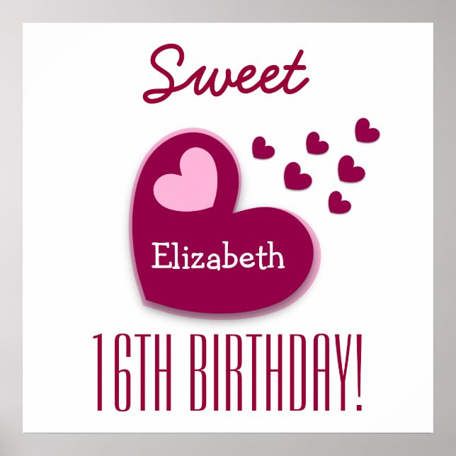 Póster Dulce 16º cumpleaños Rociación de corazones A01C1 (Frente)