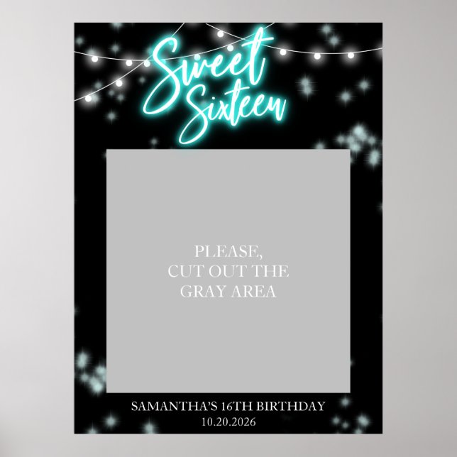 Póster Dulce 16 Cumpleaños Verde azulado Neon Glow Dark F (Frente)