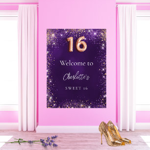 Póster Dulce 16 destellos purpurina morado bienvenido