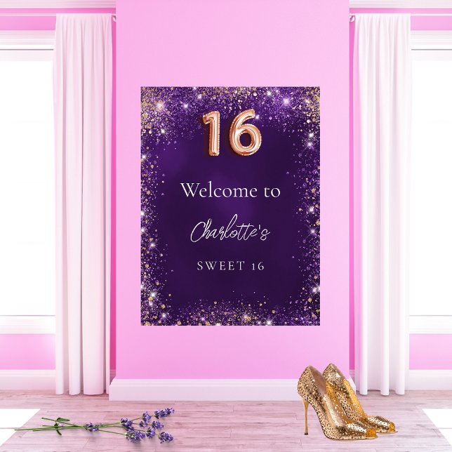 Póster Dulce 16 destellos purpurina morado bienvenido (Subido por el creador)