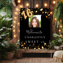 Póster Dulce 16 estrellas de oro negro foto bienvenida