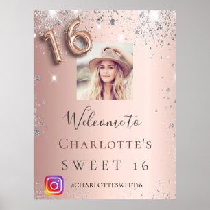 Póster Dulce 16 foto rosa purpurina de plata Instagram