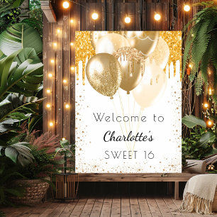 Póster Dulce 16 globos purpurinas de oro blanco bienvenid