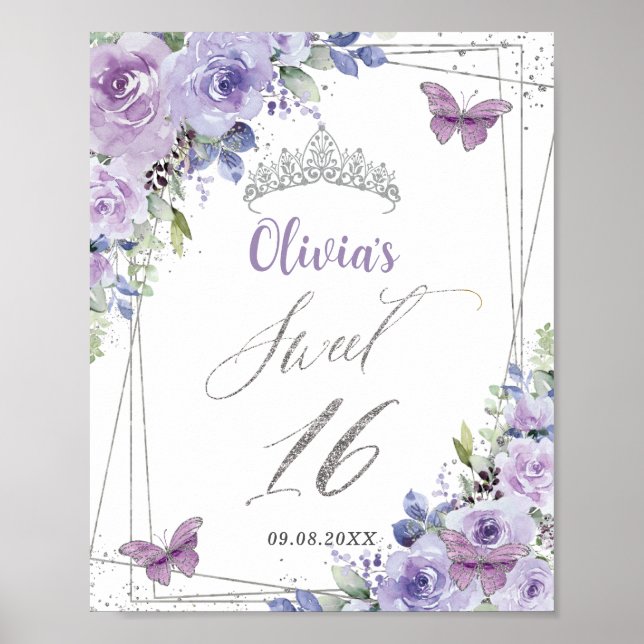 Póster Dulce 16 Morado Lilac Floral Plata Butterflies (Frente)