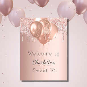 Póster Dulce 16 rosa purpurina dorado fiesta de bienvenid