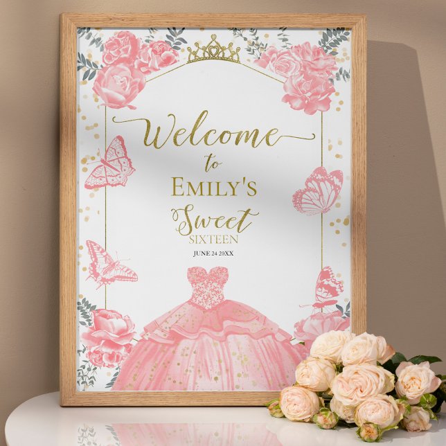 Póster Dulce 16 Signo de bienvenida Mariposa Vestido rosa (Subido por el creador)